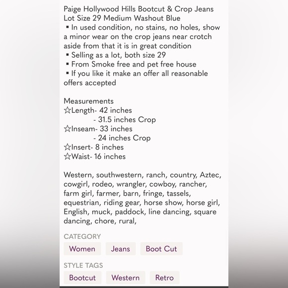 Paige Hollywood Hills Bootcut & Crop Jeans Lot Size 29 Medium Washout Blue - Picture 14 of 14